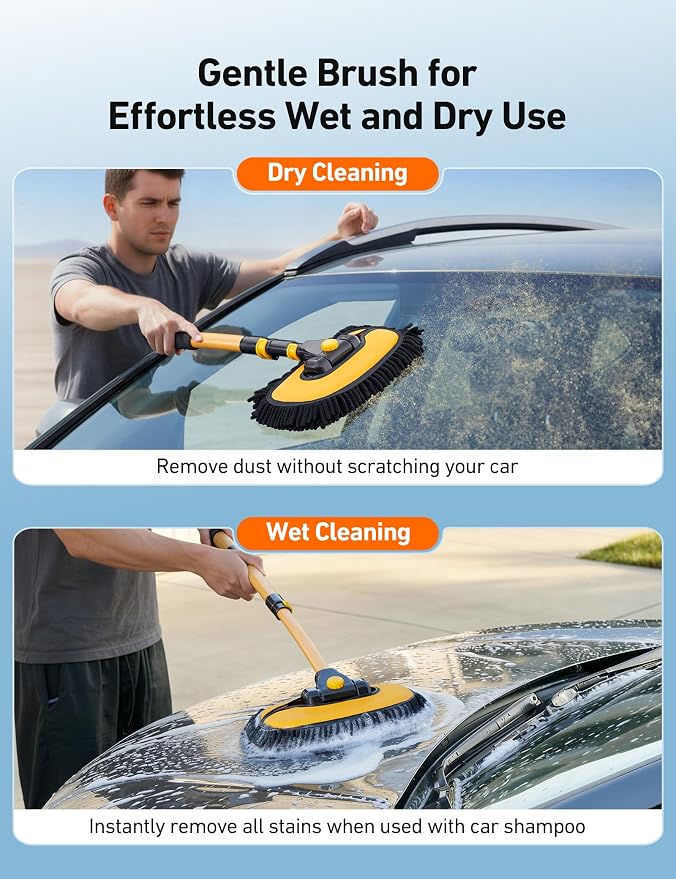 AstroAI 15°Curved Car Wash Brush with 43" Long Handle and 90° Rotating Replaceable Brush Head, Car Wash Kit with Microfiber Towel and Tire Brush for Car, SUV, RV, Floor Cleaning, Yellow