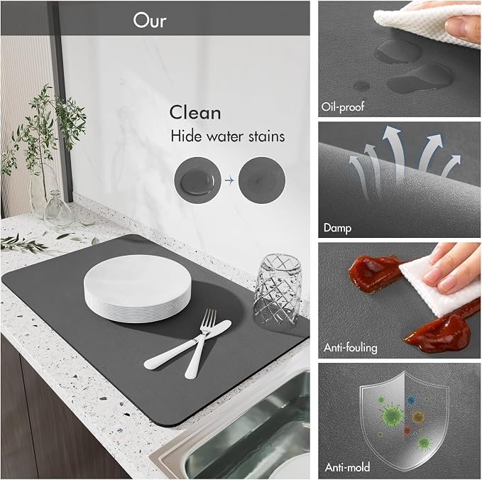Drying Mat for Kitchen Countertops, Coffee Mat Hide Stain Rubber Backed Absorbent Dish Drying Mat
