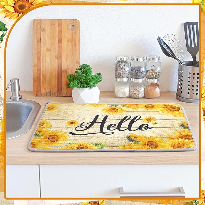 Zonon Dish Drying Mat for Kitchen Counter 16 x 24 Microfiber Absorbent Dish Drainer Rack Pads Fast Dry Mat Vintage Kitchen Decorations(Yellow,16" X 24",Sunflower)