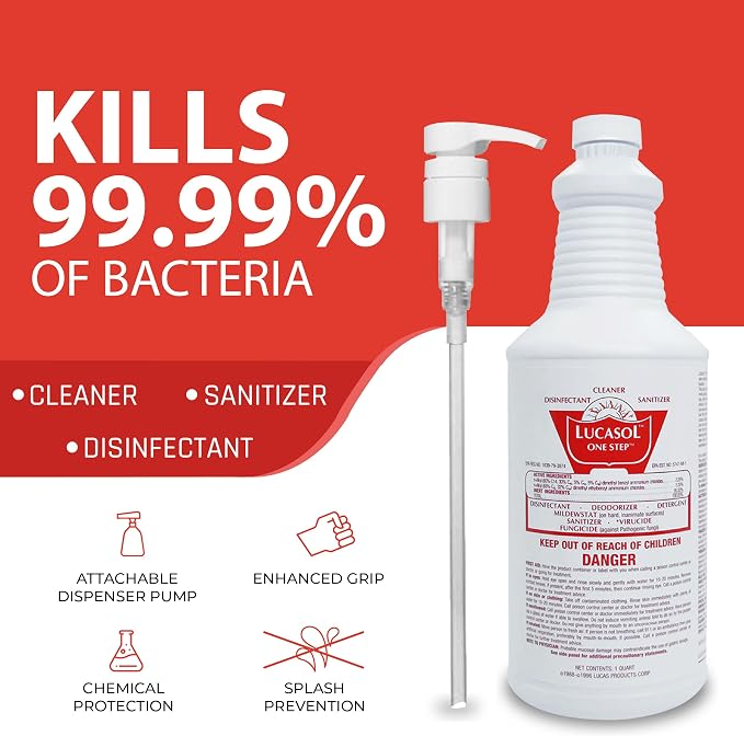 Lucasol One Step Disinfectant, 1 Quart (32 Ounce) Disinfectant & Attachable Dispenser Pump Combo, All Purpose Cleaner Disinfectant Spray For Hospitals, Schools, Salons, Household Cleaning And More.