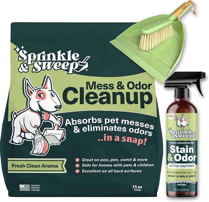 Sprinkle & Sweep: Pet Mess & Odor Cleanup Bundle - 15oz Bag, Dustpan Broom, 24oz Enzyme Stain Spray - Dog Accident Clumping Powder & Spot Treatment