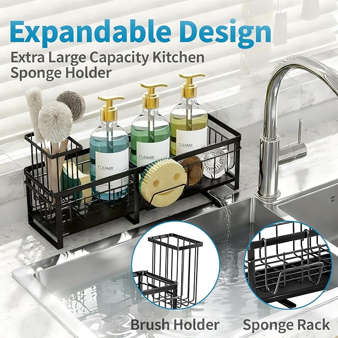 Aurblozen Extra Large Extendable Sponge Holder for Kitchen Sink, Rustproof Sink Caddy Organizer with High Brush Holder, Dish Soap Dispenser Organizers and Storage (Black)