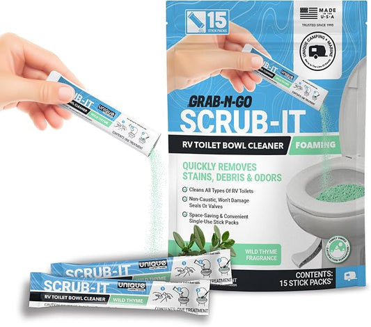Unique Scrub-It Foaming Powder RV Toilet Cleaner Stick Packs, 15-Count | Premeasured Wild Thyme scent powder cleans RV toilet bowl stains, rings, debris, & odors; adds bacteria after flushing