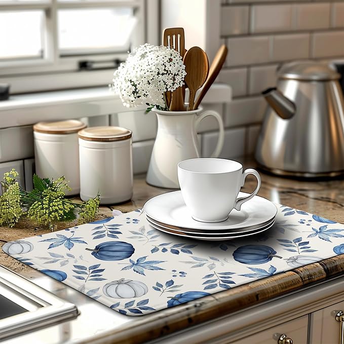 Fall Dish Drying Mat Blue Pumpkin Maple Leaves Drying Mats for Kitchen Counter 18x24 Inch Autumn Thanksgiving Absorbent Microfiber Dish Draining Mat Dishes Pad with Hanging Loop