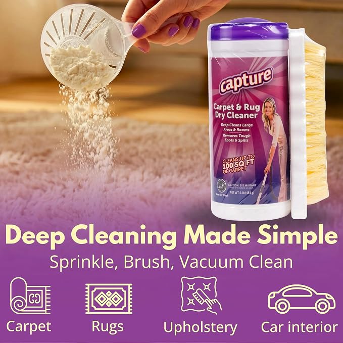 Capture Carpet & Rug Dry Cleaner w/Brush - Carpet Deodorizer & Freshener Powder - Spot & Stain Remover - Pet Odor Eliminator - Fresh Natural Scent - Dry Rug Powder Cleaner (1 lb)