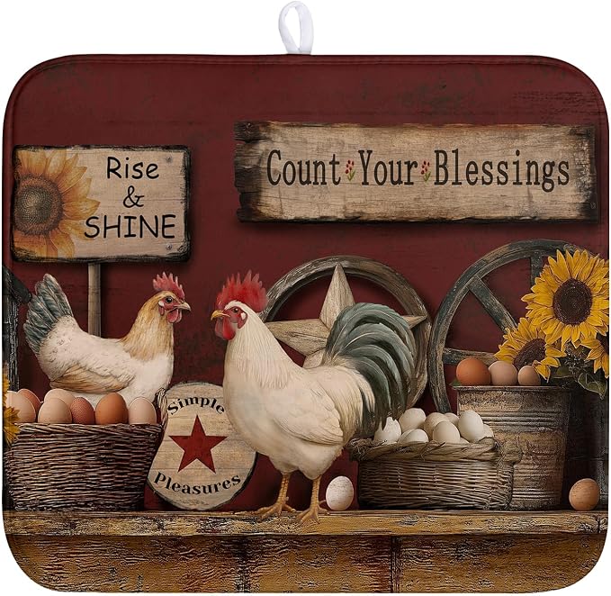 Farmhouse Rooster Dish Drying Mat Farm Animal Chicken Drying Mats for Kitchen Counter Vintage Rustic Country Dishes Drainer Mats Absorbent Microfiber Dish Draining Pad 16x18 Inch