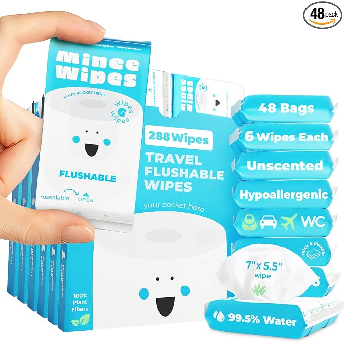 Impossibly Compact Travel Flushable Wipes - 99.5% Water and Aloe - Safe for Sensitive Skin & Hypoallergenic - Travel Essentials for Adults & Kids, Unscented, 48 Pack 288 Wipes