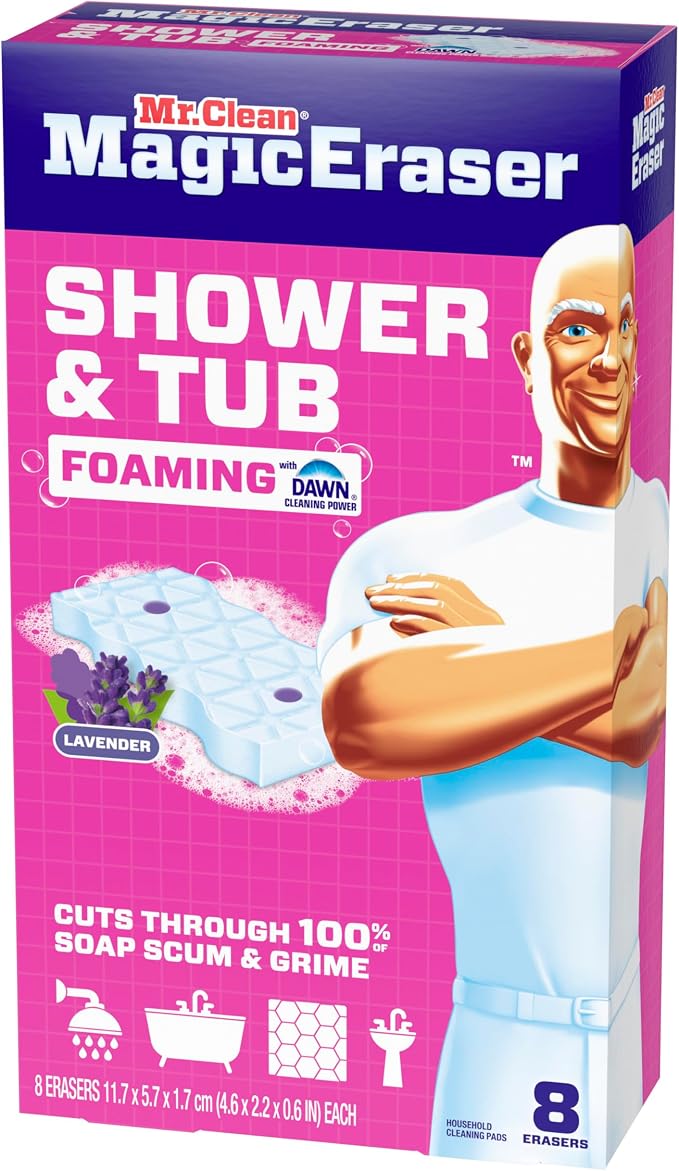 Mr. Clean Magic Eraser Sponge, Bathroom, Shower, Tub Cleaner, Soap Scum Remover, Bathroom Cleaning Supplies, Dawn Cleaning Power with Lavender Scent, Shower & Tub, 8ct