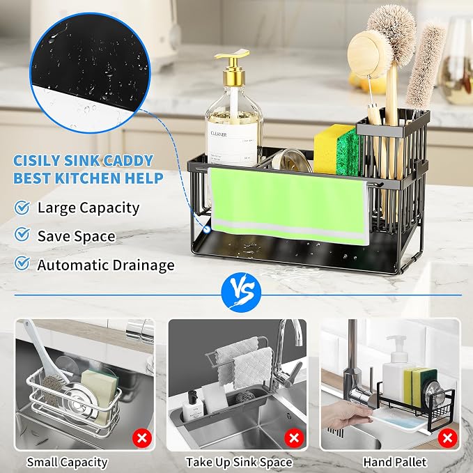 Cisily Kitchen Sink Caddy Organizer with High Brush Holder, Sponge Holder for Sink, 304 Rustproof Stainless Steel, Countertop Soap Dispenser Organizer, Black with Towel Rack, 9.25