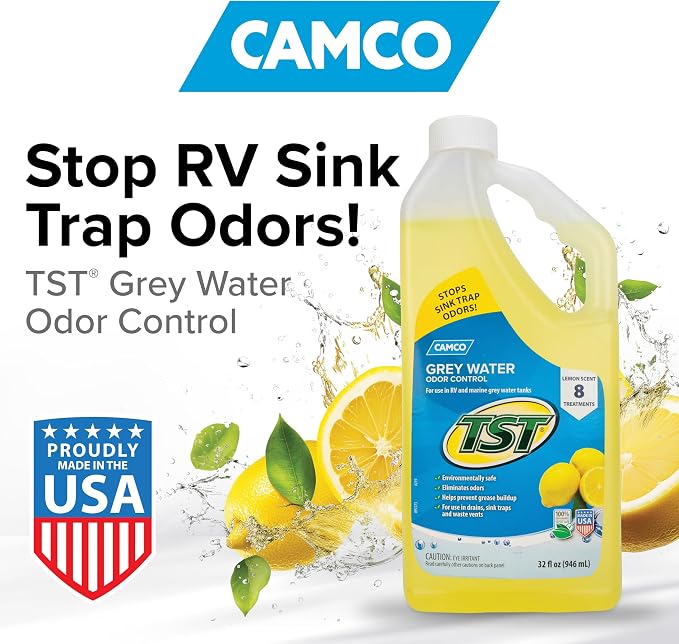 Camco TST Camper/RV Grey Water Odor Control - Features Septic Safe Biodegradable Formula - Removes Grease Build-Up in Black Water Tank, Sink & Shower Drains - Fresh Lemon Scent, 32-oz Bottle (40252)