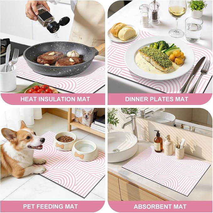 Findosom Dish Drying Mat, 12" x 20" Super Absorbent Dish Mat with Modern Geometric Striped, Hide Stain Drying Mat for Kitchen Counter, Under Dish Rack, Coffee Maker, Espresso Machine, Pink & White