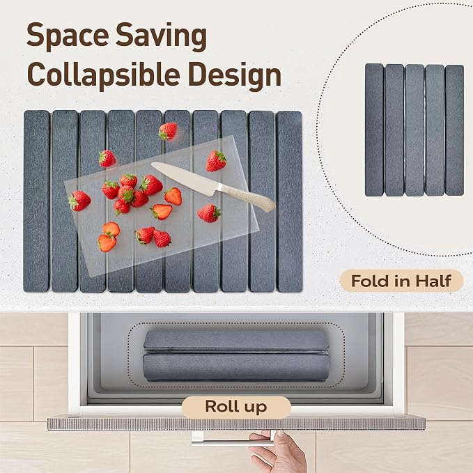 Large Stone Drying Mat for Kitchen Counter 24x16 Inch, Diatomaceous Earth Super Absorbent | Quick Dry Non-Slip Collapsible Dish Mat for Dishes Utensils Cups | Eco-Friendly Counter Protector, Dark Grey