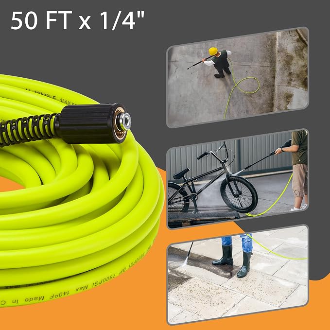 M MINGLE Pressure Washer Hose 50 FT x 1/4", M22 14mm Fittings, 3600 PSI | Replacement Power Wash Hose with 3/8" Quick Connect Kits, Kink Resistant, Ideal for Car, Driveway, Siding & Patio Cleaning