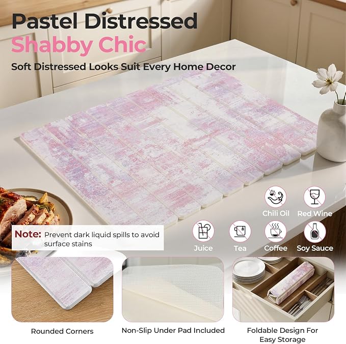 Findosom Large Stone Dish Drying Mat for Kitchen Counter, 23.6" × 15.3" Foldable Non-Slip Stone Drying Mat with Abstract Pattern, Heat Resistant Diatomaceous Earth Mat for Bath, Dishes, Cups, Pink