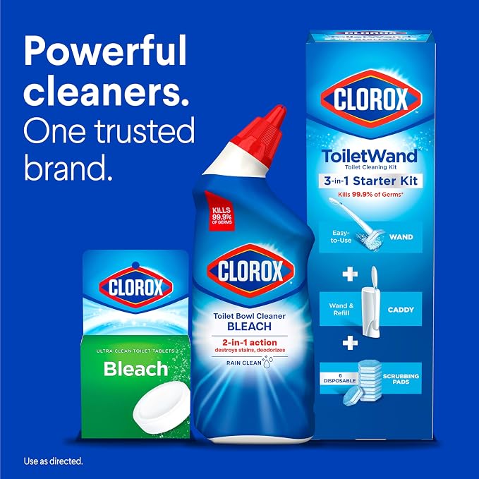 Clorox Toilet Bowl Cleaner with Bleach, Rain Clean Scent, Kills 99.9% of Germs, Removes Toilet Rings and Mold Stains, 24 fl oz, Pack of 2