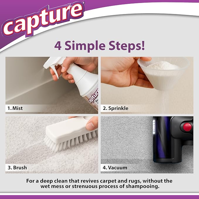 Capture Carpet Total Care Kit 100 - Carpet Deodorizer & Freshener Powder - Spot & Stain Remover - Pet Odor Eliminator - Fresh Natural Scent - Dry Rug Powder Cleaner w/Pre-Mist Spray
