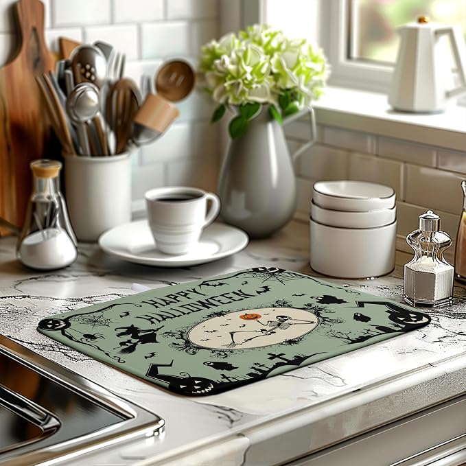 Happy Halloween Dish Drying Mat for Kitchen Counter 16x18 Skull Pumpkin Witch Spider Web Bat Ghost Drying Mats Green Black Absorbent Microfiber Dish Drainer Rack Pad for Coffee Bar