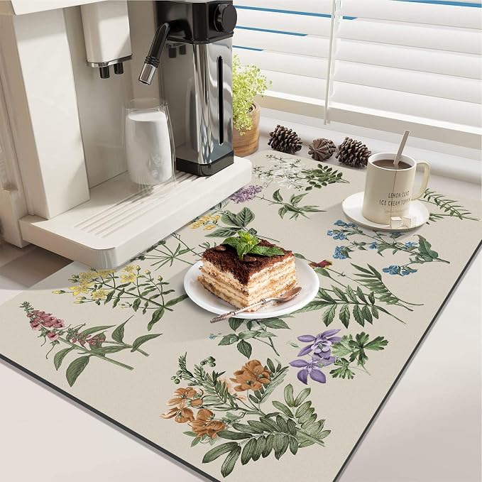 LOKHOM Dish Drying Mat for Kitchen Counter, 18"x24" Absorbent Coffee Bar Mat with Vintage Sage Flower Herbs, Dish Drainer Rack Mats for Kitchen Counter and Dining Room Decoration