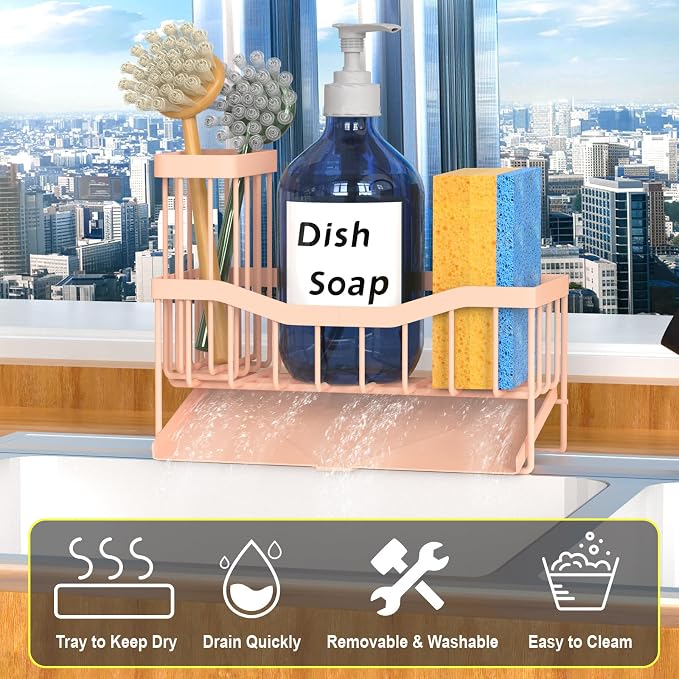 Fssvcd Maifan Sink Caddy Sponge Holder for Kitchen with Brush Holder and Stainless Steel Self Drain Tray, Rustproof Kitchen Sink Organizer for Sponge, Soap Dispenser Storage Accessories Pinky White