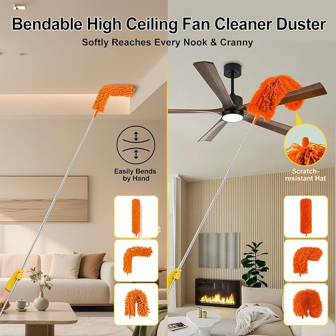 Tiumso 5-in-1 Duster with Extension Pole 100” Extendable Dusters for Cleaning Reusable Anti-Spin Dusting Kits for High Ceiling Fans, Cobwebs & Vents, Reinforced Stainless Steel Telescopic Handle