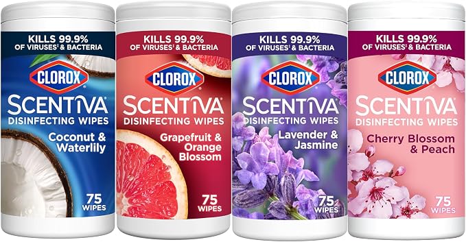 CLOROX Scentiva Disinfecting Wipes Bundle, Coconut and Waterlily, Grapefruit and Orange Blossom, Lavender and Jasmine, Cherry Blossom and Peach, 75 Count Each (Package May Vary