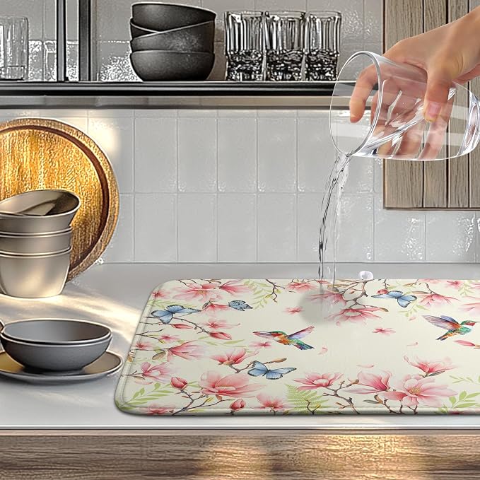 Spring Flowers Floral Dish Drying Mats Spring Summer Hummingbird Dish Mat Drying Matt Butterfly Dishes Dryer Pad for Kitchen Counter Absorbent Microfiber Washable Foldable Reusable 18x24 in
