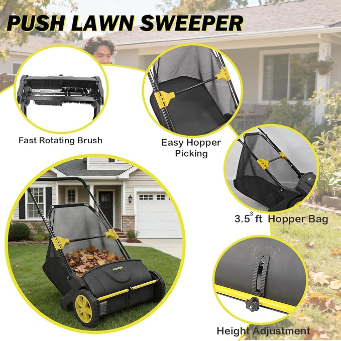 Push Lawn Sweeper, 21-Inch Width, 3.5 Cu. Ft. Hopper Capacity, 4 Spinning Brushes, Adjustable Height, Durable Steel Frame with Rubber Wheels, Yellow