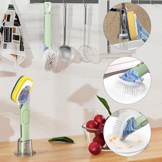 RIMAY Dish Brush Set with Soap Dispenser, 2 Refills and Storage Holder | Soap Dispensing Dish Brush dish scrubber with handle for Cleaning Dishes, Pans, Sink, Pots, Green