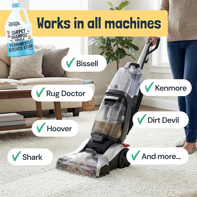 Sunny & Honey Carpet Cleaner Shampoo Solution for Machines, 1 Gal Summer | USA Made - Stain and Odor Eliminator - Cleans Carpets and Upholstery - For Upright and Spot Cleaners - Concentrated Formula