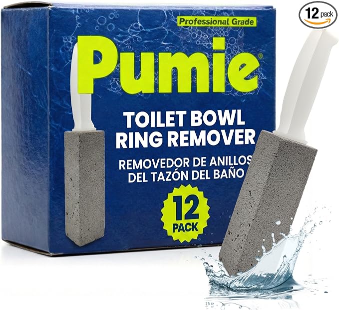 PUMIE Pumice Stone Toilet Bowl Cleaner (12-Pack) - Toilet Pumice Stone with Handle - Heavy Duty Scouring Stick for Rings, Bowls, Hard Water Stains, Lime, Rust, Sink - Includes Handle for Easy Use