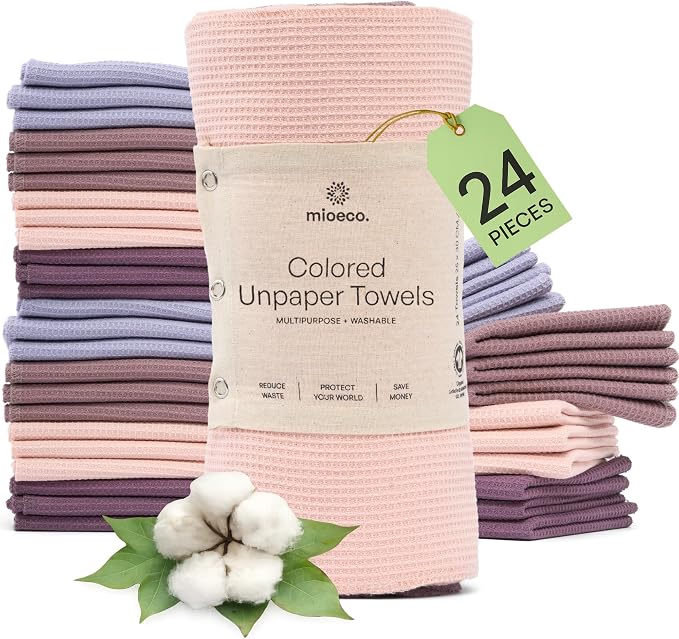 mioeco 24 Pack Multicolored Reusable Paper Towels - Nature Friendly - Organic Cotton Alternative - Thick, Strong, Paperless Kitchen Dish Cloths - Reusable Napkins - Dish Towels - Cloth Napkin