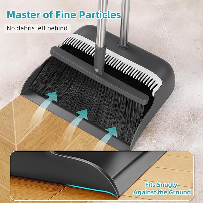 MOPALL Broom with Dustpan Combo Set 53" Long Handle, Includes 2 Broom Heads | Self-Cleaning Dustpan Teeth, 180° Swivel Brooms Head, Angled Bristle, Standing Dustpan for Sweeping Indoor Dog Cat Pets Hair