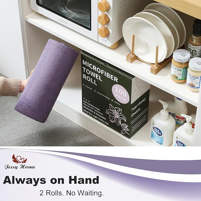 Jessy Home 2 Roll Reusable Paper Towels,100 Sheets Tear Away Microfiber Cleaning Cloth, Lint Free Cleaning Rags for Kitchen, Dishcloth,Household Cleaning Supplies