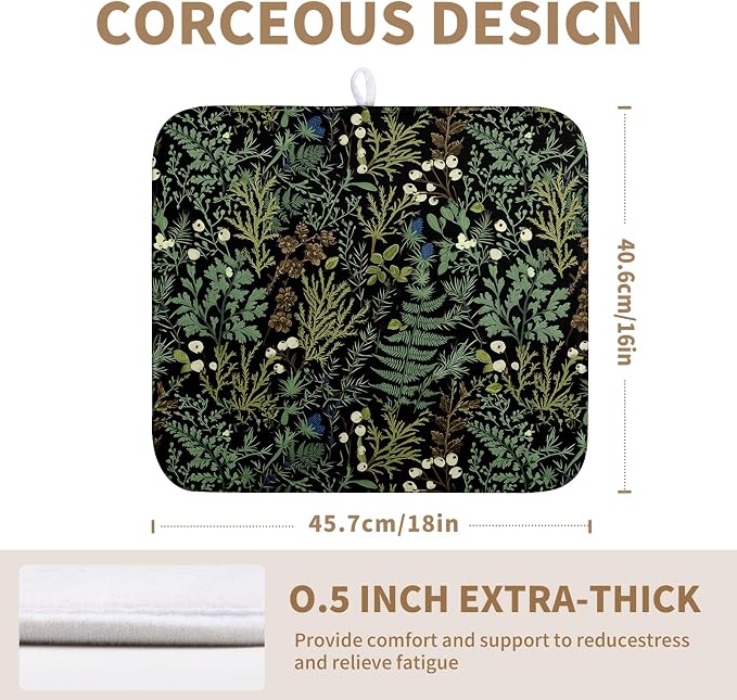 Dish Drying Mat for Kitchen Counter Vintage Green Plant Fern Leaves Floral Drying Mats Absorbent Microfiber Black Dish Drainer Pad Reusable Washable Dish Draining Mats Medium 16x18 Inch