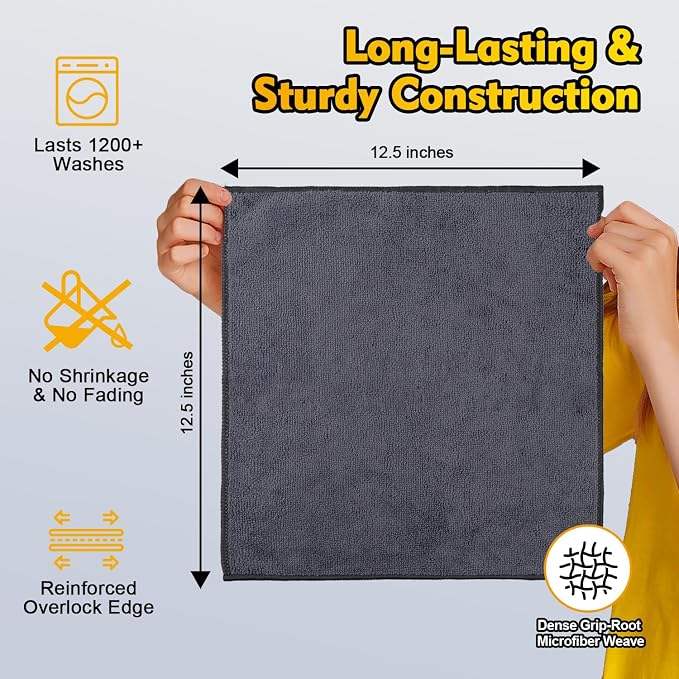 HOMEXCEL Microfiber Cleaning Cloth 12 Pack, 12.5 x 12.5 inch Microfiber Towels for Cars, Ultra Absorbent Washing Cloth, Lint Free Streak Free Cleaning Rags for Car, Kitchen, and Window (Grey)