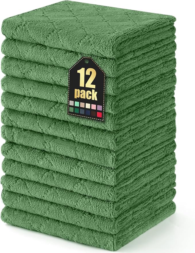 Homaxy 12 Pack Dish Towels for Kitchen (13 x 19 Inches, Grass Green), Super Soft and Absorbent Coral Velvet Dish Cloths for Washing Dishes, Nonstick Oil Fast Drying Microfiber Cleaning Cloth