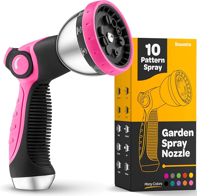 Hose Nozzle [Pink] Heavy Duty Hose Sprayer With 10 Adjustable Watering Patterns. Thumb Control Design, Comfortable Ergonomic Grip, Garden Hose Nozzle for Watering Plants & Lawns/Fun showers/Cleaning