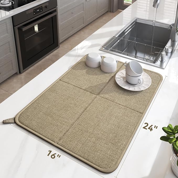 YDKGL Dish Drying Mat for Kitchen Counter, Ultra Absorbent & Fast Drying Dish Mat Machine Washable Foldable Drying Pad for Countertops, Sinks, Draining Racks, Brown