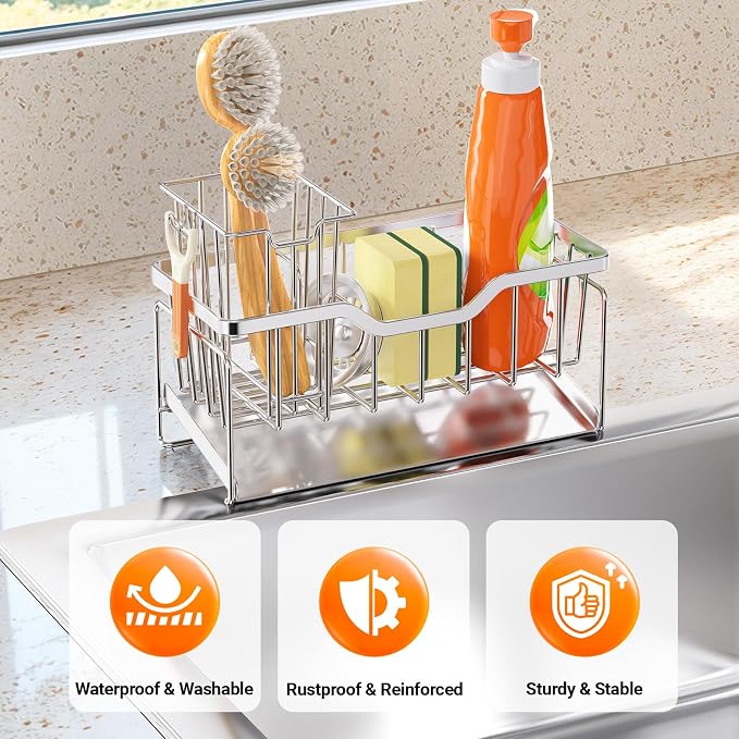 StorageRight Kitchen Sink Caddy Organizer, Rustproof Sponge Holder for Kitchen Sink, Instant Dry High Brush Holders with Drain Tray, Anti-Slip Sink Storage Organization Essentials, Silver