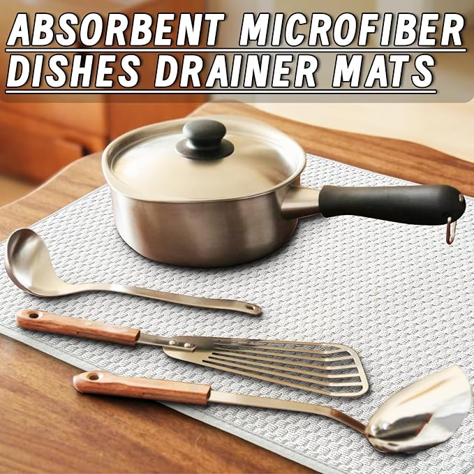 3 Pcs XXL Dish Drying Mat,Absorbent Microfiber Dishes Drainer Mats,Large Size 24×17" Pads for Kitchen Counter,Coffee,Rack,Under Sink,Light Gray