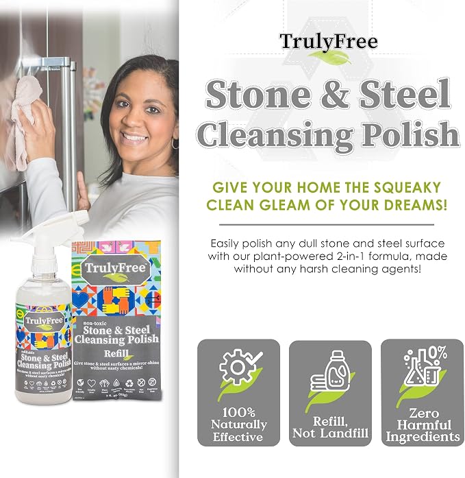 Truly Free Stone & Steel Cleansing Polish Starter Kit - Quartz, Marble, Granite, Stone Countertop, Oven, Stainless Steel Cleaner - 12oz Empty Bottle, 1 Concentrated Fill (3oz)-No Harmful Ingredients