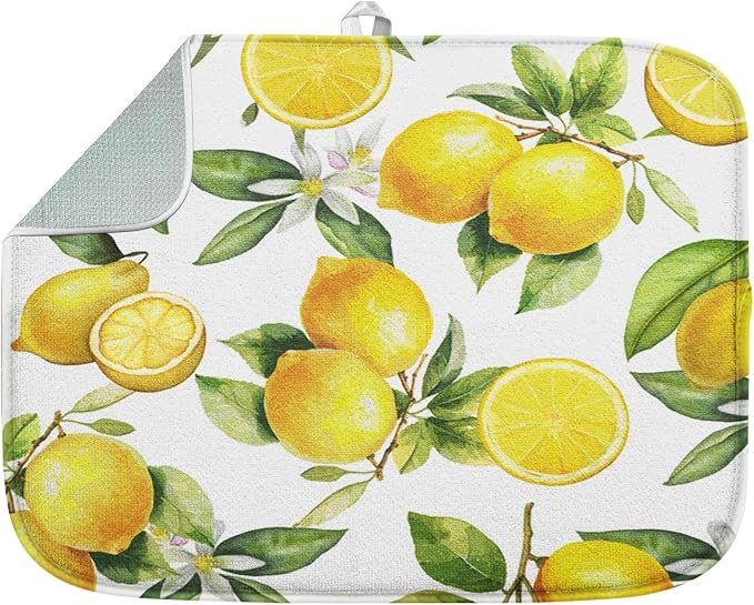 Sanwarm Absorbent Dish Drying Mat, Floral Lemon Fruits Vintage Microfiber Pad for Kitchen Counter, Coffee Bar Decor, Heat Resistant and Reversible, 18" x 24"