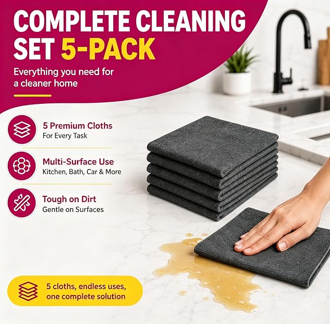 Magic Cleaning Cloth 5‑Pack, Thickened Streak-Free Microfiber Rags，5：8*12IN | Lint-Free Reusable Cleaning Towels for Window, Glass, Stainless Steel, And Car