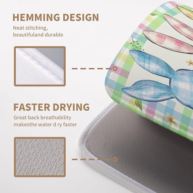 Easter Drying Mat for Kitchen Counter 18x24 Inch Spring Cute Bunny Dish Drying Mats Colorful Buffalo Plaid Rabbits Drying Pad Microfiber Absorbent Dish Drainer Rack Mat Easter Kitchen Accessories