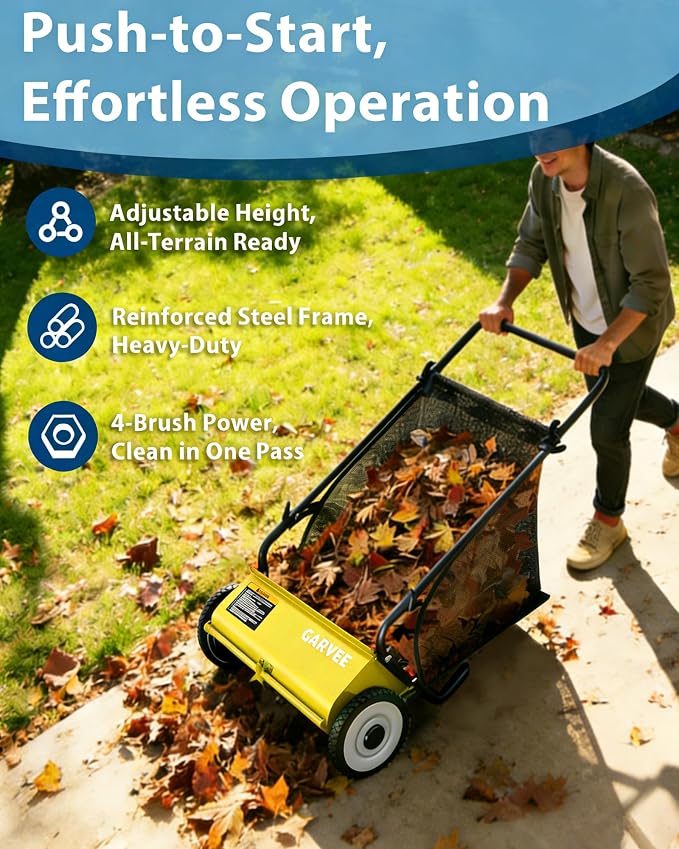 Garvee Push Lawn Sweeper,26-Inch Width Enhanced 4-Brush System with Large 7 cu. ft. Hopper Bag, Ideal for Yard and Garden Cleanup, Yellow | Brush Height Adjustment, All-Terrain Suitable, 7 cu.ft Hopper Bag, Durable Steel Frame, Easy Setup, Compact & Sp...