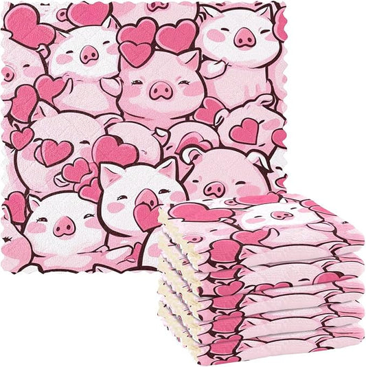 STAYTOP Cute Kawaii Pigs Kitchen Dish Cloth, 6 Pack Super Absorbent and Soft Nonstick Oil Dish Towels, Reusable Cleaning Cloths 11" x 11"