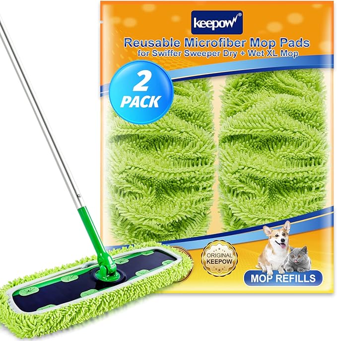 KEEPOW Reusable XL Wet Pads Refills for Swiffer XL Mop Sweeper, 2 Pack | X-Large Dry-sweeping / Wet-mopping Microfiber Cloths for Surface/Hardwood Floor Cleaning