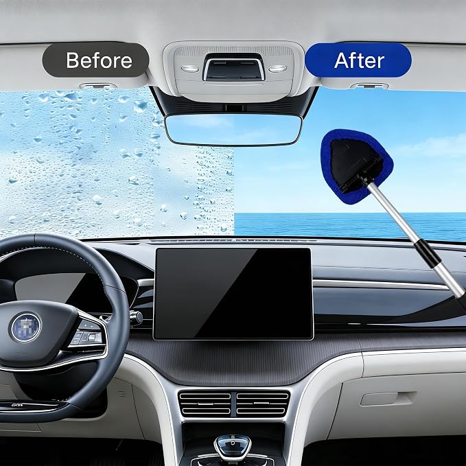 Microfiber Car Windshield Cleaning Tool with Extendable Handle,Car Defogging Glass Cleaning Brush with 4 Reusable Microfiber Pads 1 Spray Bottle and 1 Car Dust Removal Brush. (Blue)