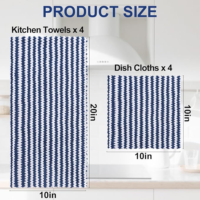 Homaxy 8 Pack Kitchen Towels and Dishcloths Set, 10 x 10 and 10 x 20 Inches, Ultra Soft and Absorbent Coral Velvet Dish Towels, no-lint Reusable Fast Drying Microfiber Cleaning Cloth, Navy Blue