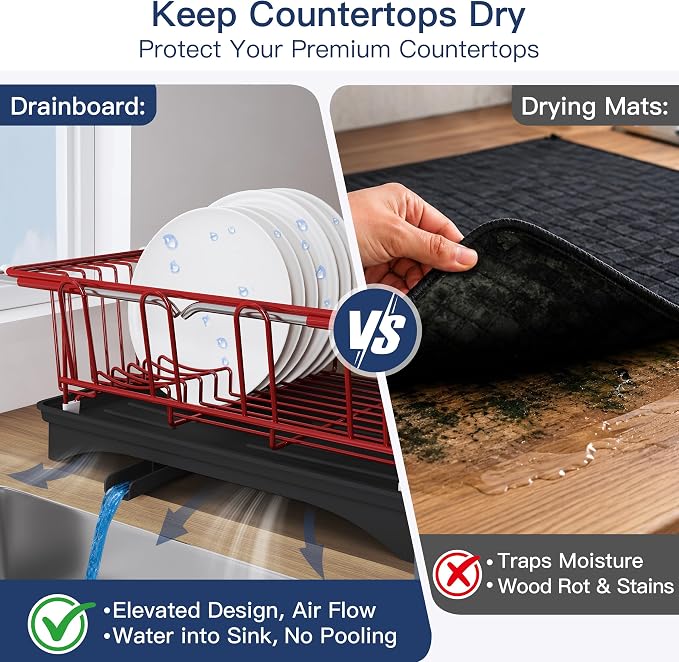 JASIWAY Red Dish Drying Rack in Sink, Expandable Stainless Steel Dish Drainers with Drainboard for Kitchen Counter, Space Saving Dish Dryer Rack, Over The Sink Dish Racks with Utensil Holder